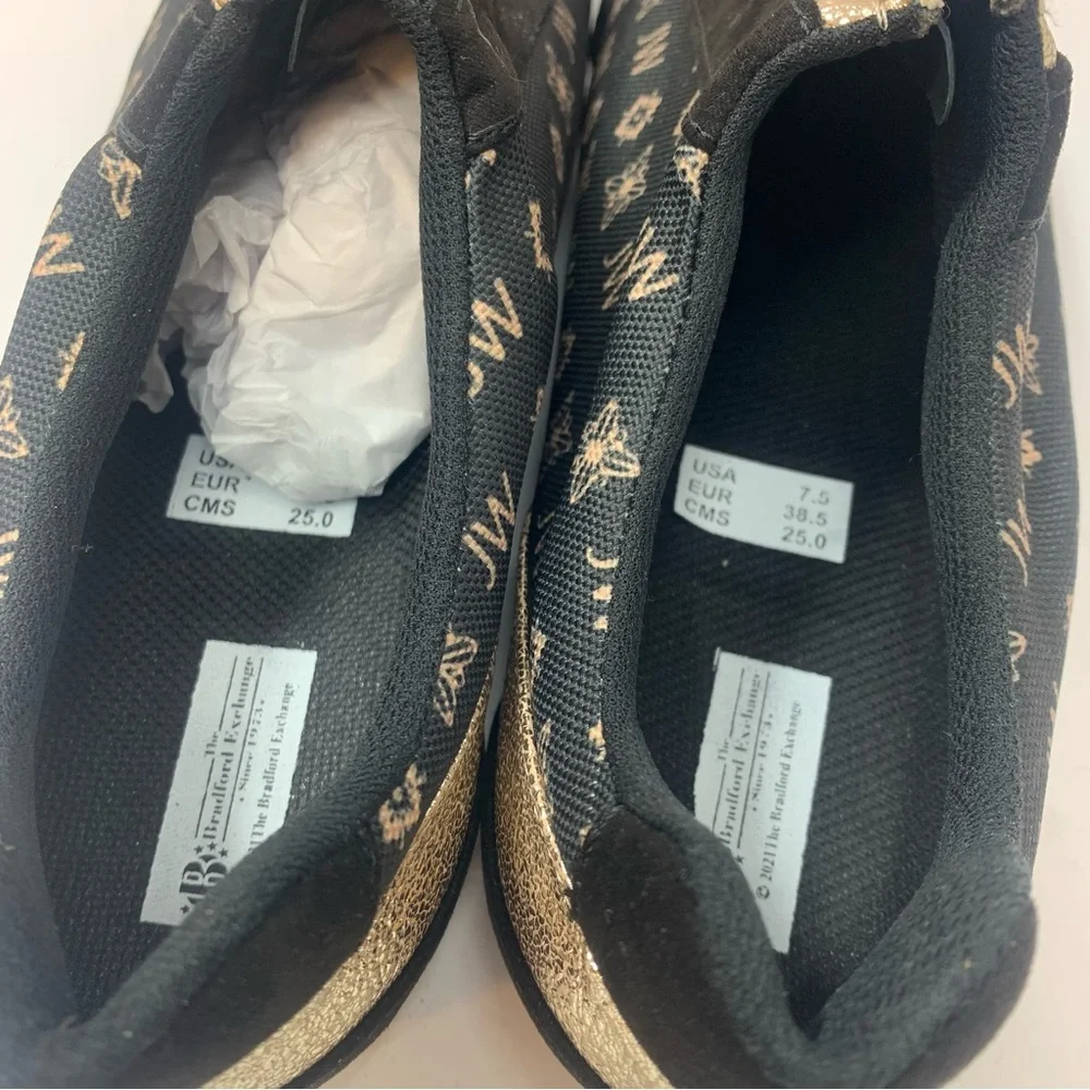 The Bradford Exchange Black Gold‎ Zip Sneakers Women’s Size 7.5 Monogram Slip-On